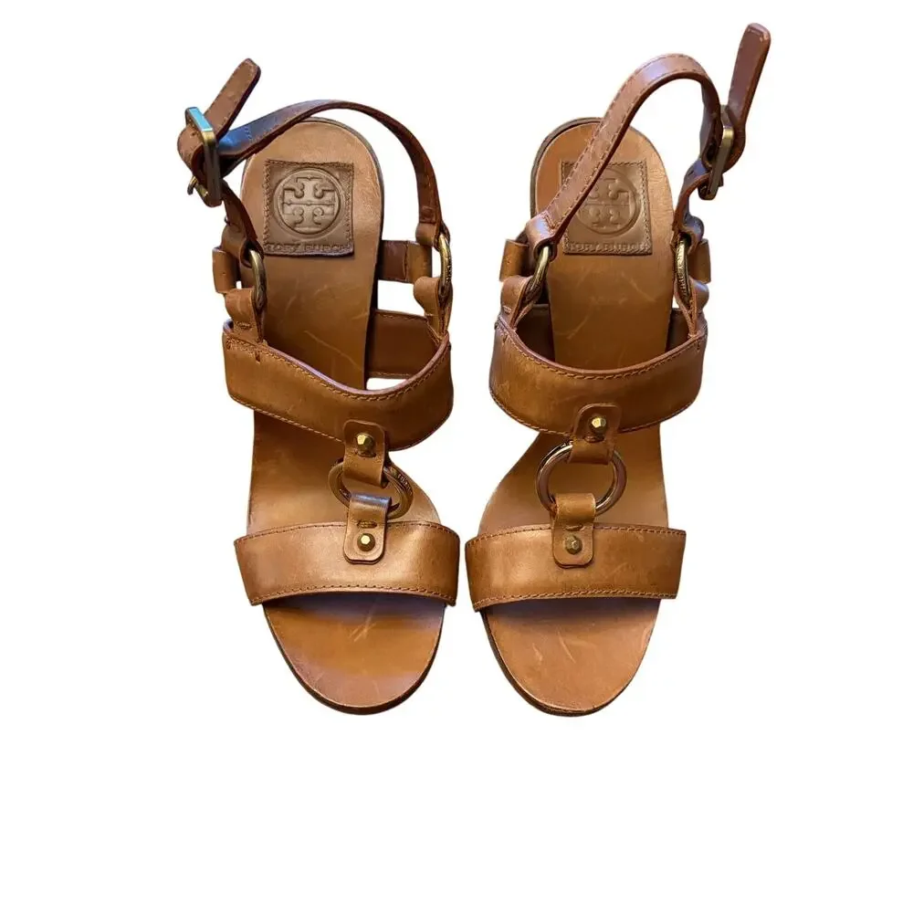 Tory Burch Gipse Almond Antique Veg Leather Heeled Sandals Size 9M